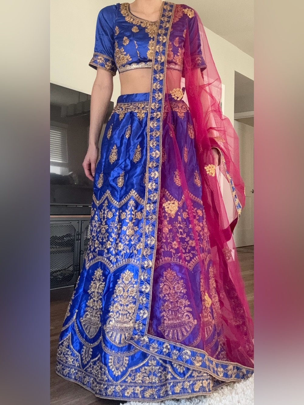 Blue and Pink Embroidered Lehenga Skirt with Gold Accents